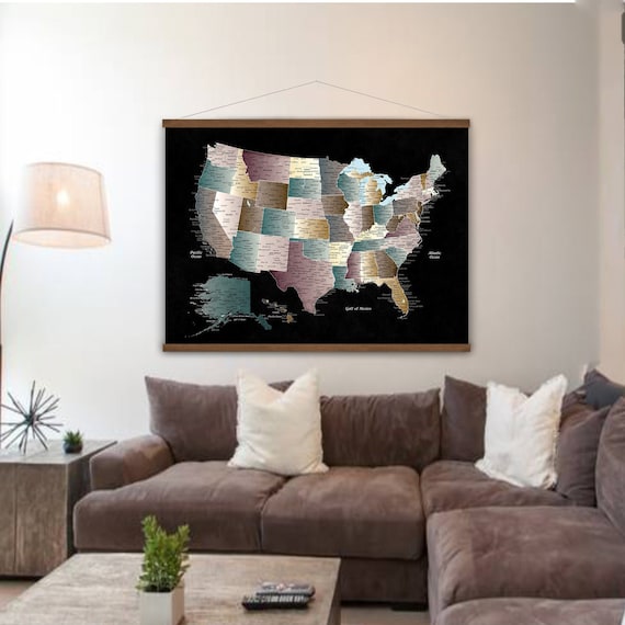 Dark Jewel Colored map of USA, US Map Hanging Canvas, Warm Neutral Print, Personalized Office Wall USA Map, Executive Living Room Wall Art.