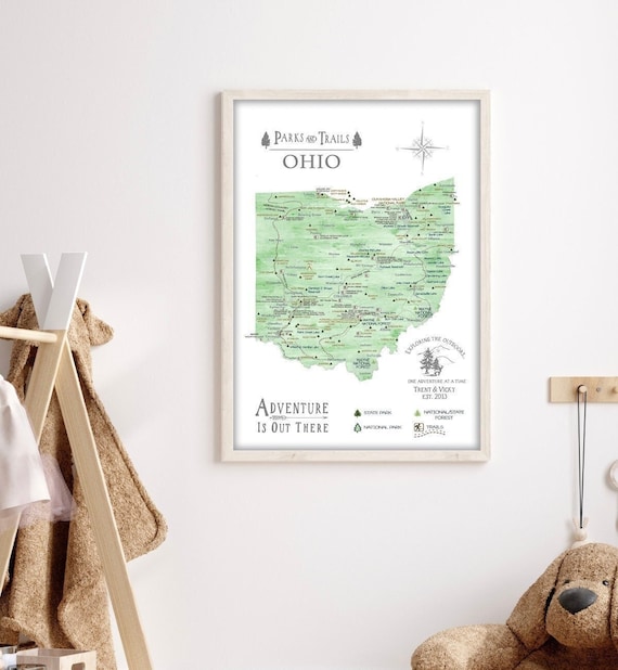 Ohio State Map Parks & Hiking Trails, Gift for Hiker, Personalized Ohio Map Canvas, Poster or State Park Push Pin Map,Outdoor Trek in Nature