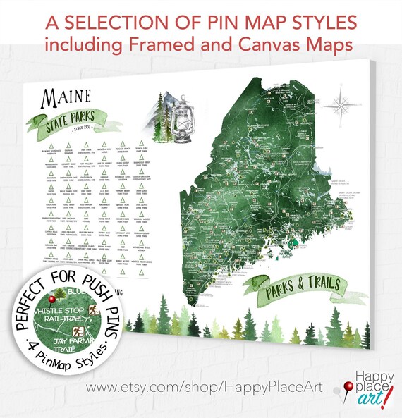 Maine State Park Map Gift, Maine Hiking Map, State Park Checklist for Maine, ME State print, New England Hiking Trails Push Pin Map Board