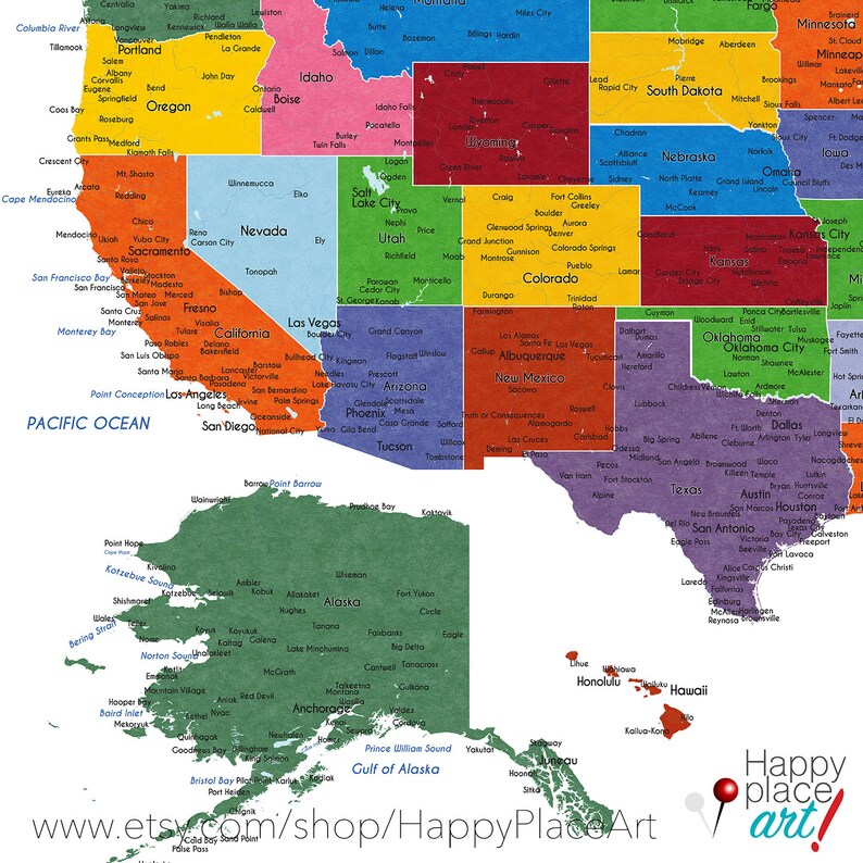 Detailed USA map with cities, and states labels. US map print with city names and state names added. Neutral colors. Push pin map idea image 5