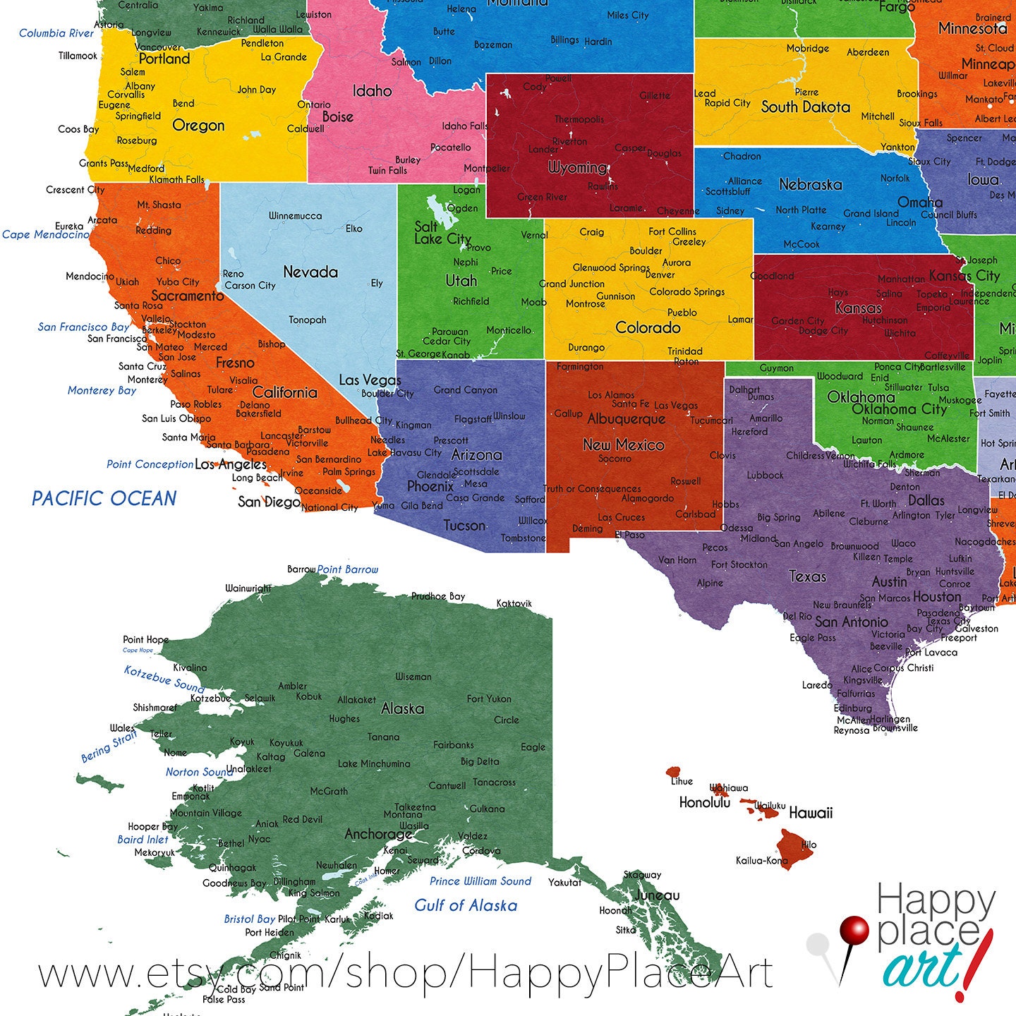 Detailed USA map with cities, and states labels. US map print with city