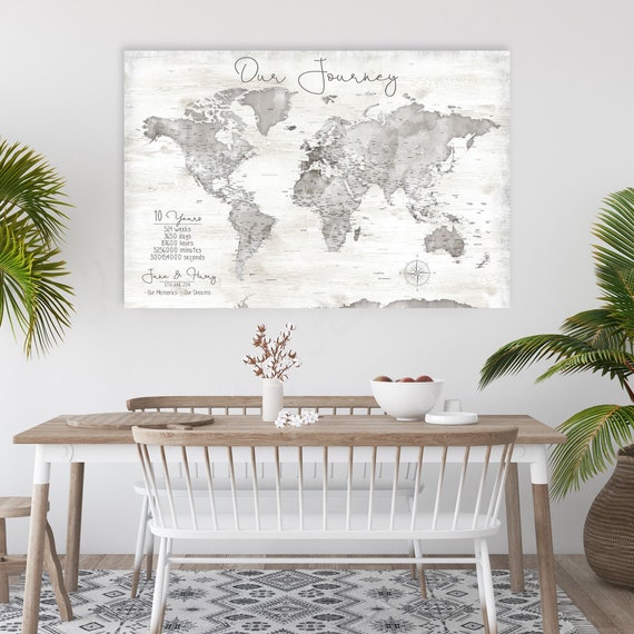 Farmhouse Style Canvas World Map Print with Personalization, Gift for Husband, ANY Personalized Words, Rustic Travel Poster, Large World Map