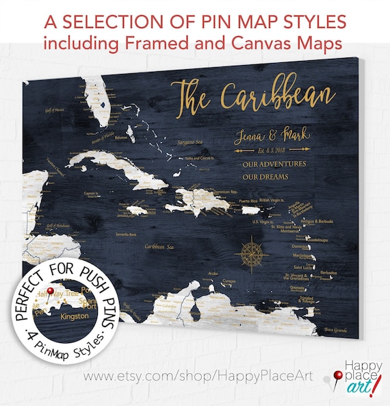 Push Pin Map of Caribbean, Personalized Canvas Caribbean Map for Pins, Mexico, St Johns, Bahamas Adventures, Paper Anniversary Map for Wife