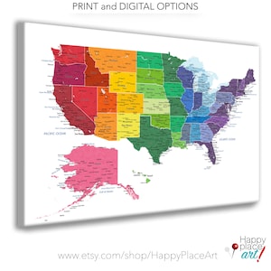 Bright rainbow color united states map, US map canvas, Family travel push pin map, Pushpin travel map, personalize USA map, USA map & cities