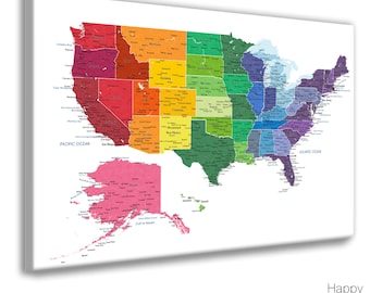 Bright rainbow color united states map, US map canvas, Family travel push pin map, Pushpin travel map, personalize USA map, USA map & cities