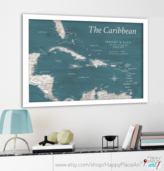 Caribbean Vacation Travel Map, 18x24 to 40x60 Framed or Push Pin Map, Canvas, Island Map Poster Executive Style Map of Caribbean Islands Art