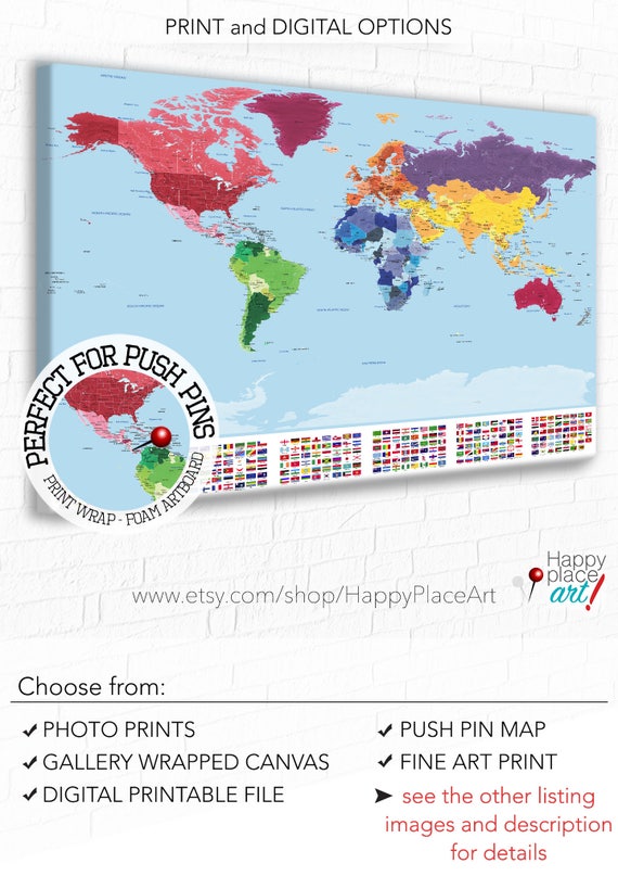 Detailed World map with city labels, Map with flags, World map print, Country Flags, Educational world map, Travel map, world map push pin