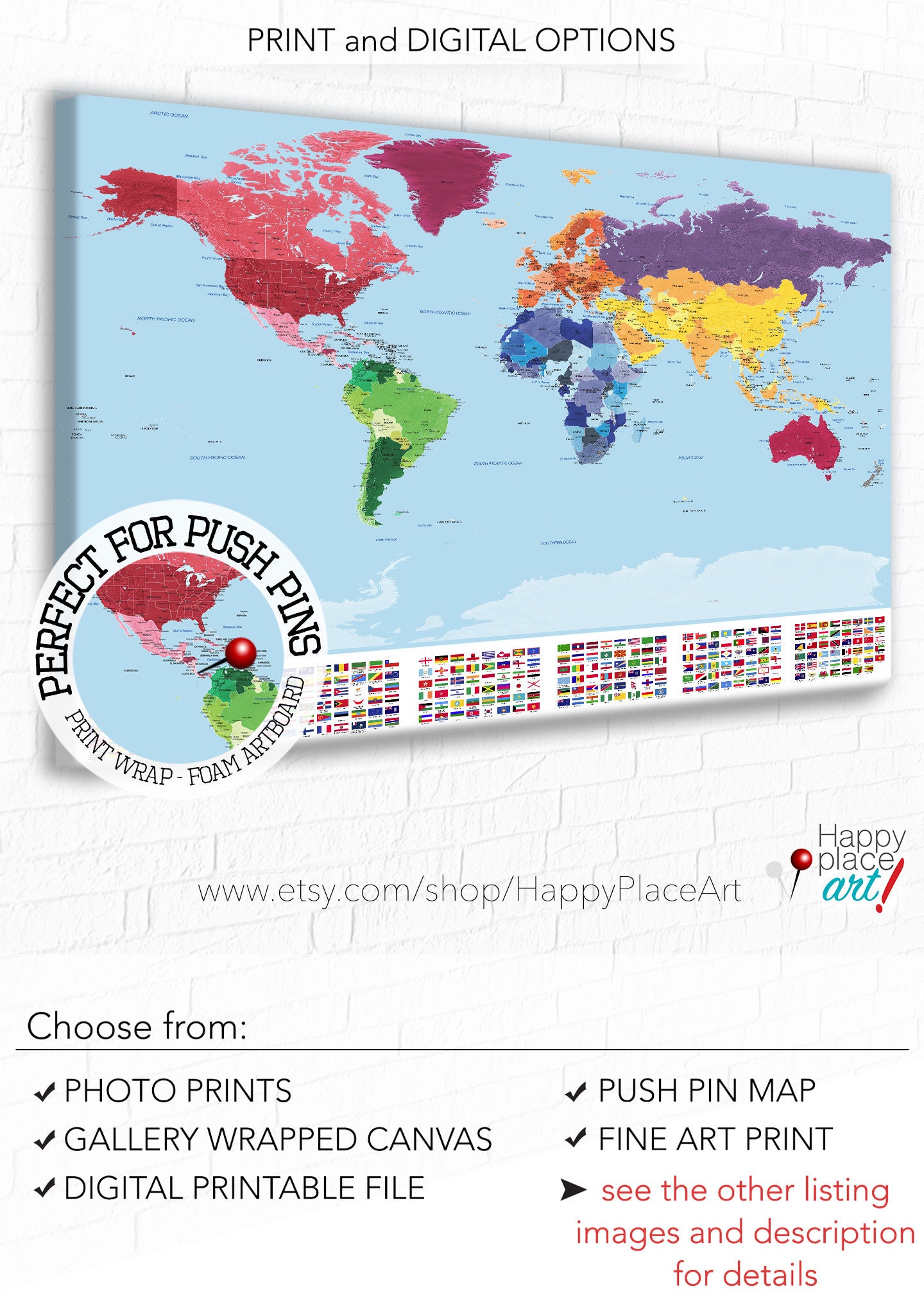 World Push Pin Travel Map on Canvas - Gulf Stream (Select Map Size: 32 x 24 Inches)