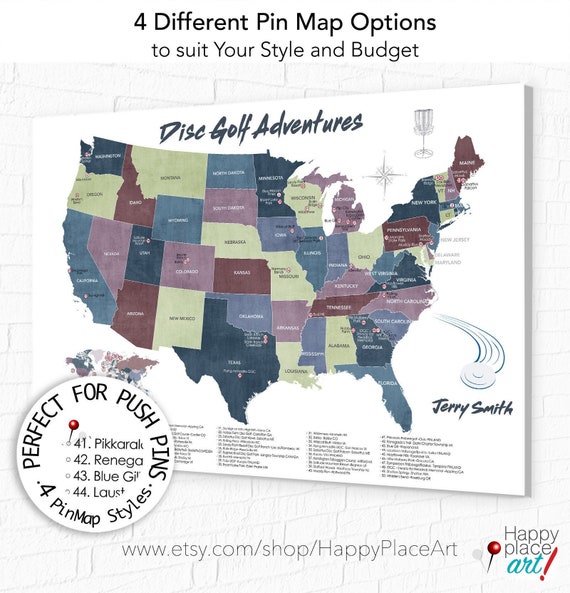 Disc Golf Courses Map of USA, Gift for DiscGolfer, Personalized World DiscGolfing Map, Push Pin Map, Disc Golf Print or Canvas of Courses