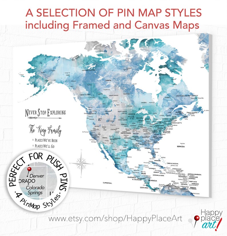 North America and Caribbean Map, Wife Gift, Anniversary Map, Family RV Travel Map, Push Pin Map of North America, Gift of Family Memories image 8