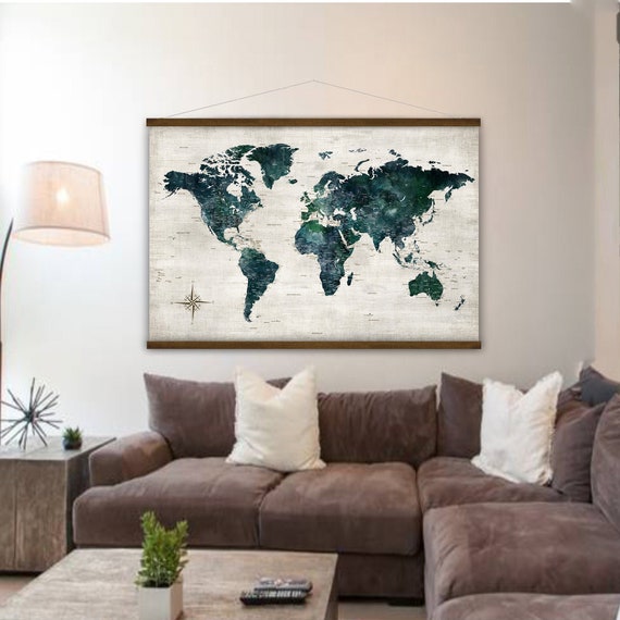 Large World Map with Cities, Home Schooling Canvas Wall Map, Gift for House Warming for Couple for New House Dark World Map Hanging Canvas,