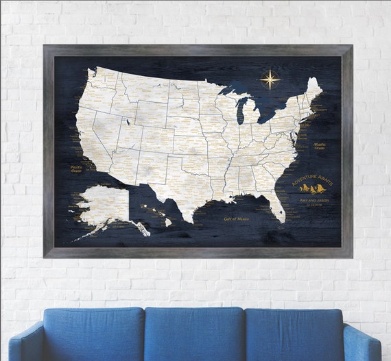 Very Detailed USA Push Pin Map with Cities and States Labelled, US map Anniversary Gift for Husband or Personalize Single or Couple's Name