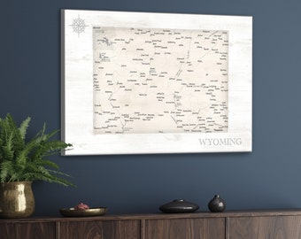 Detailed Wyoming Map, Neutral Push Pin State Maps, Travel PinMap, Large WY Print, PinBoard Map, Personalized Framed Wall Map of State of USA