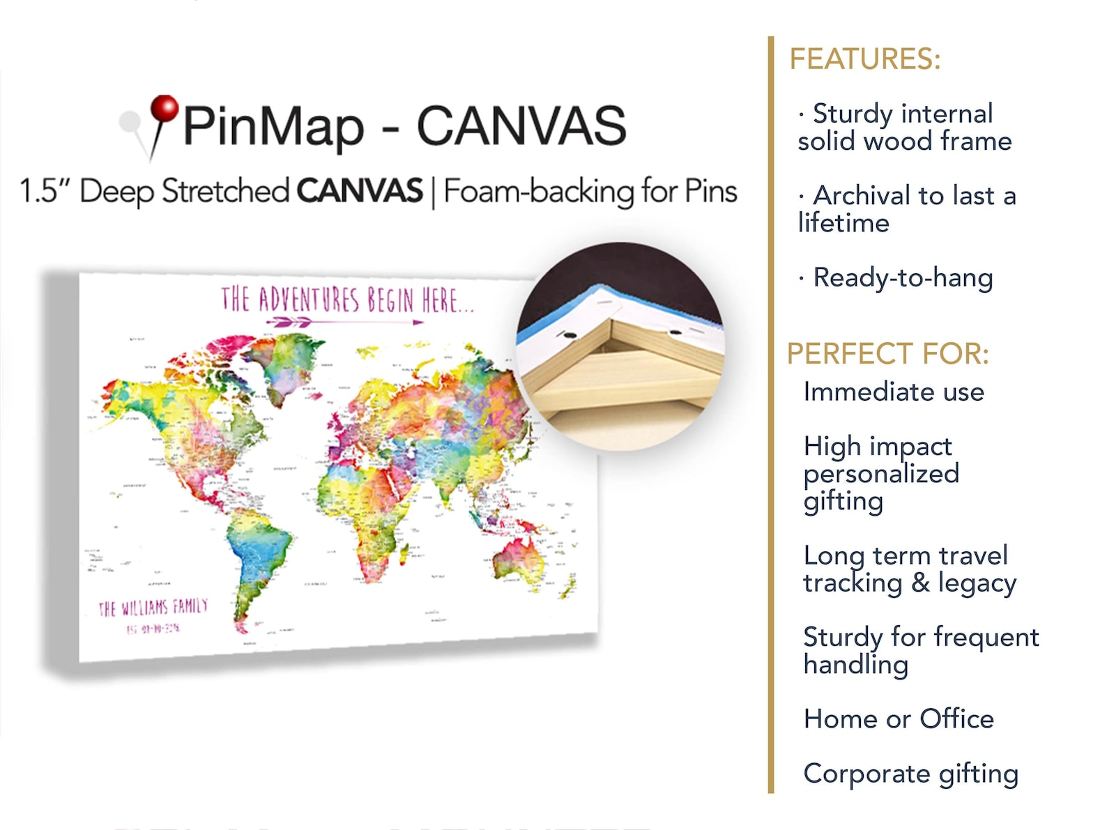 World Map Pin Board Map With Canvas, Family Push Pin World Map, Perfect ...
