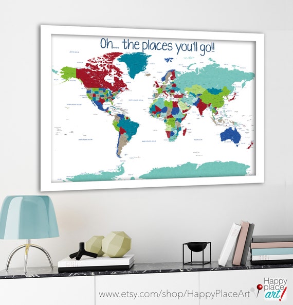 Educational Map Print, Bright colours, Push Pin world map with quote, World map for boy, He's Going Places World Map, Adventure Awaits