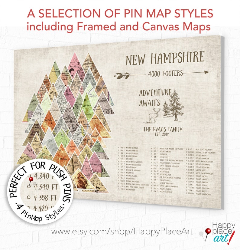 New Hampshire Peaks Push Pin Map, NH 4000 Footer Hike Checklist, New England PeakBagging, 4000 ft Mountain Peaks Anniversary Hiking Map Gift image 8