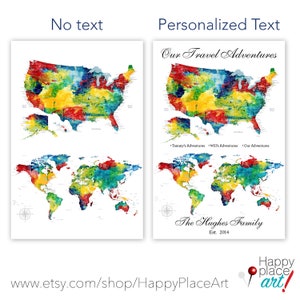 USA and world map, 2 Map Set as ONE Print, Push Pin USA Map & World Map Pair, Gift for Husband, Travelling Military Family Personalize gift image 2