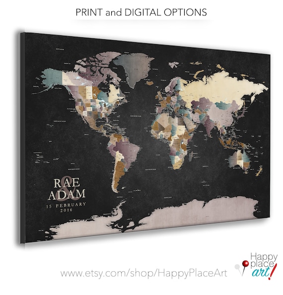 World Map with Personalized Text, Wall art with Jewel Colors, Detailed Map for Push Pins Add Own Wording, Anniversary Travel Adventure Map,