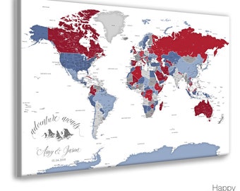 Family Adventure Awaits map, Large Canvas, Poster or World Push Pin Map for Family Travel, Red white and blue, Map to Pin Trips with Legend
