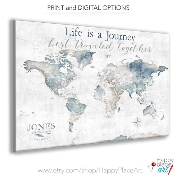 Life is a Journey Best Traveled Together, World Map for Adventure Push Pin Map Legend, Watercolor Map Print, Canvas, Anniversary Pin Map