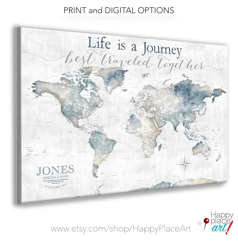 Life is a Journey Best Traveled Together, World Map for Adventure Push Pin Map Legend, Watercolor Map Print, Canvas, Anniversary Pin Map image 1