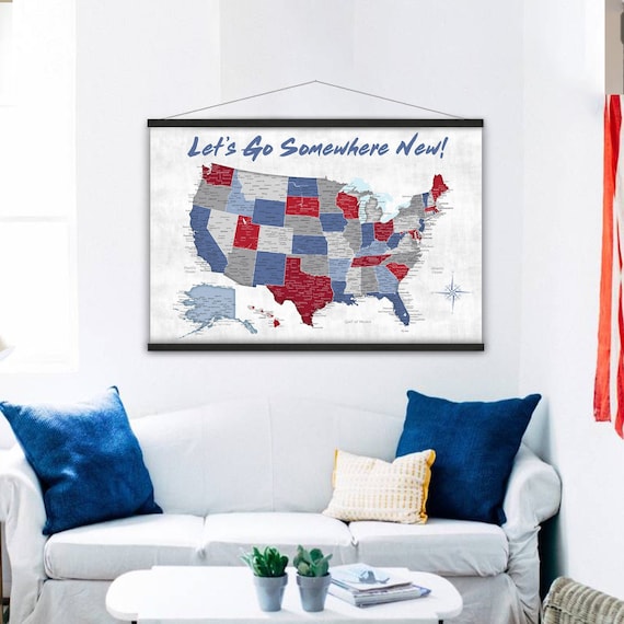 RV Travel Map, Camper Wall Art, USA Travel Inspiration, United States Road Trip Canvas Map, Gift for Retiring Couple, Detailed US cities map