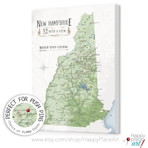 Push Pin Map New Hampshire State Parks and 52 with a View Mountains, Frame NH wall Art, New England Adventure Gift, New England Canvas Print
