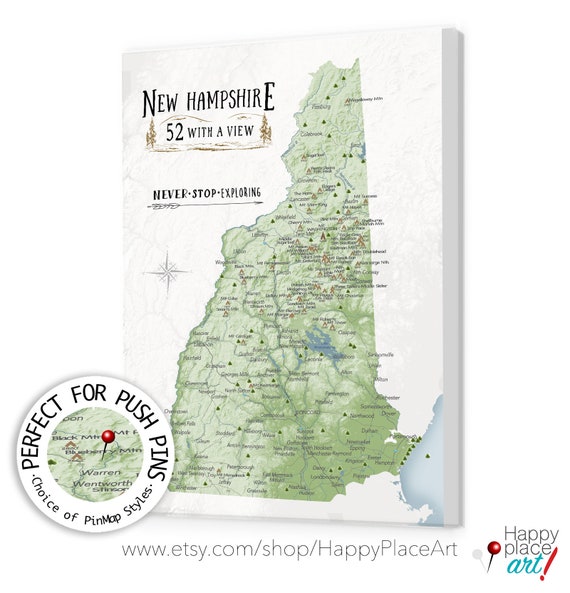 Push Pin Map New Hampshire State Parks and 52 with a View Mountains, Frame NH wall Art, New England Adventure Gift, New England Canvas Print