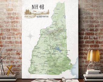 4000 footers New Hampshire Map, Optional Personalization, Gift for New England Hiker, Peak-Baggers, Hiking Enthusiast Canvas, Push Pin Map