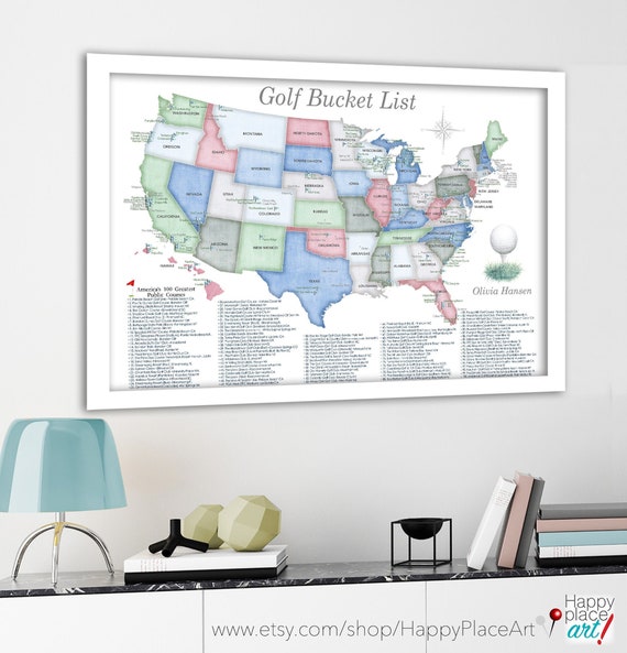 Gift idea for female golfer, Push Pin Map of Golf Locations in the USA, Americas Top 100 Public Golf Courses Map, Bucket List Golfing poster
