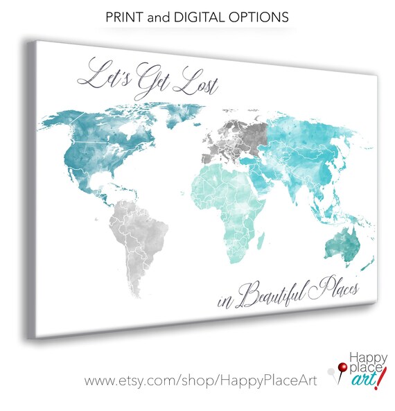 Large World Map Print, Aqua, Turquoise and Green, Watercolor map, Printable Wedding or Travel Map, Push pin map, World pin map, pushpin map