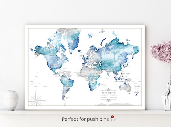 Personalized Map of the World, Push Pin Travel Map, Gift for Family Travelers, Map Key for Pinning Names & Life Goals, Future Travels, Art