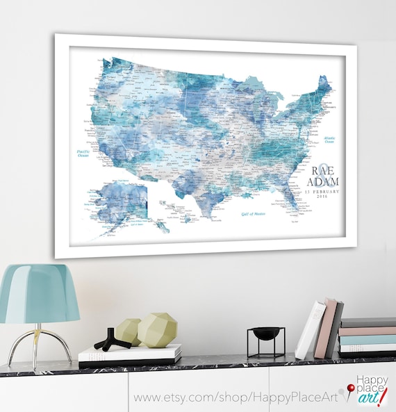 Personalized Map Gift for Husband Detailed USA with Cities & Capitals, Push Pin Maps available very Large size, Framed or unframed or Canvas