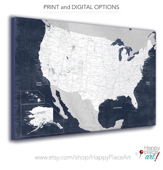 USA map print with Cities, States, National Parks and relief texture. North America Travel Map for Teen, Navy Bedroom Decor. Free Shipping