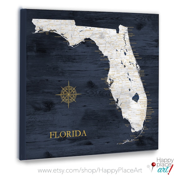 Florida Map, Push Pin Map, Detailed FL State, Canvas Map of Florida, Opt. Personalization, Gift for FL Couple, Large Framed Pin Map/Print