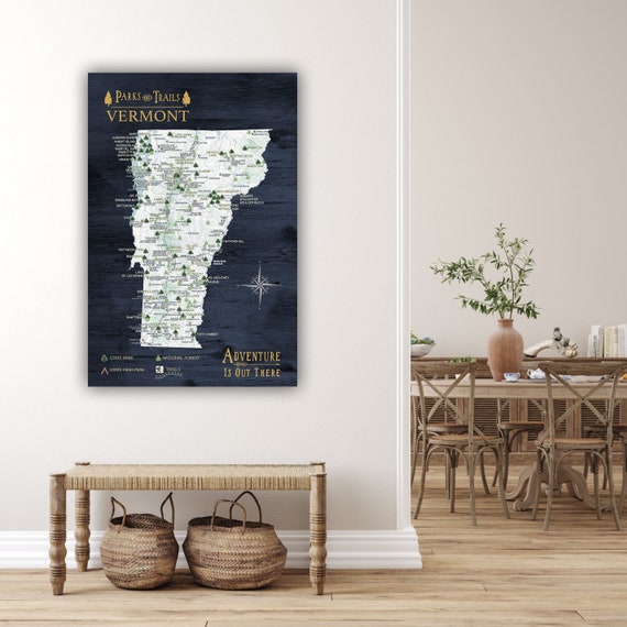 Pin Map with State Parks of Vermont, Personalized VT Map, Parks Checklist, Mountain Peak Bagging, New England Trails, Hiking Print | Canvas