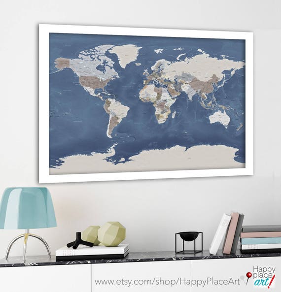 Educational World Map, Home School, Wall Map for Push Pins, World map push pin, Office Wall Art, Gift for Boss, Large Neutral Print, Map Art