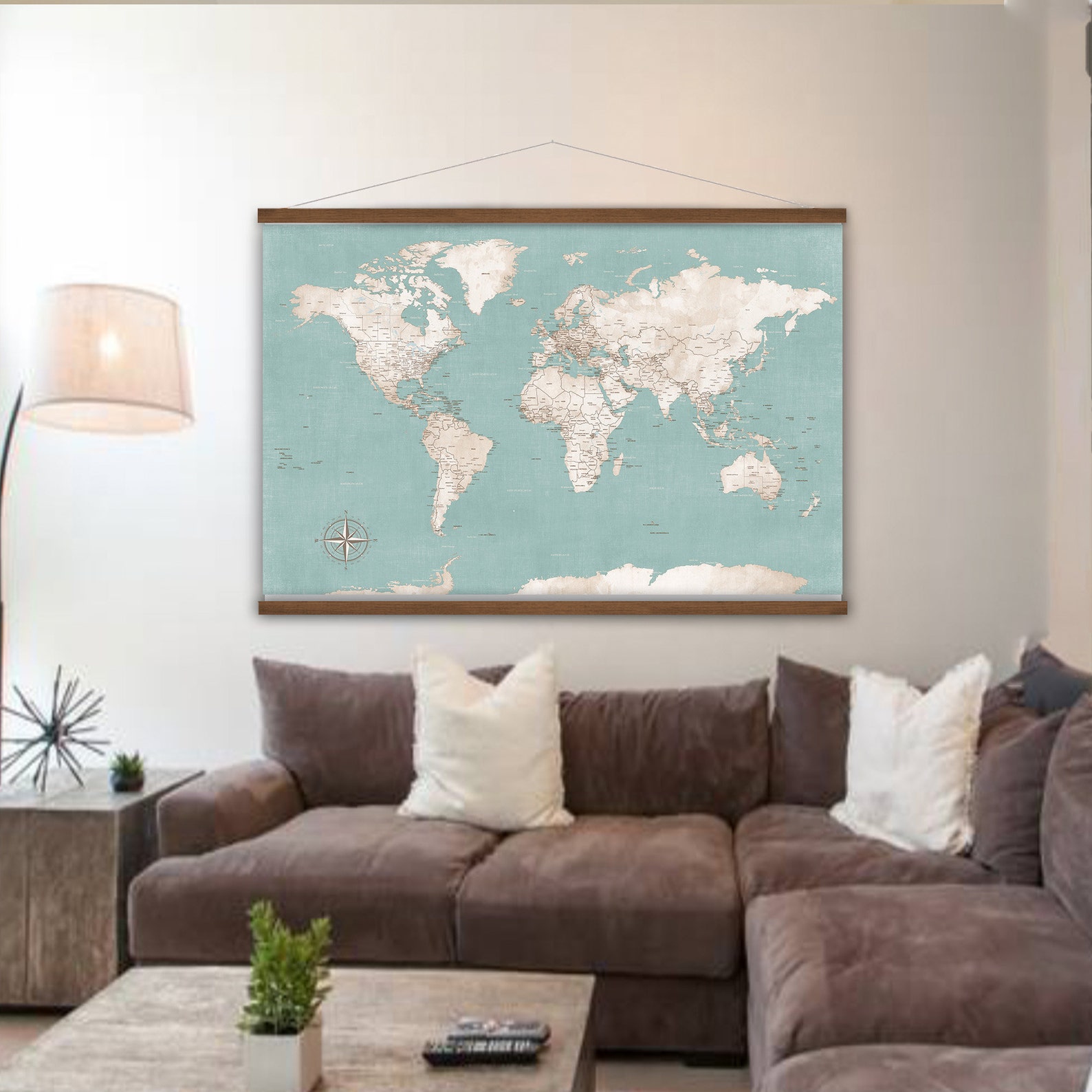 Vintage Style Canvas Wall Map Art Print With Modern World Map Etsy