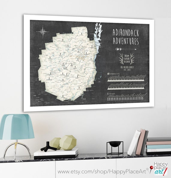 Push Pin Map Adirondack Mountain High Peaks Map, High Peaks Park Poster, or Canvas, ADK Park, 46er Mountain Print, New York Farmhouse Decor