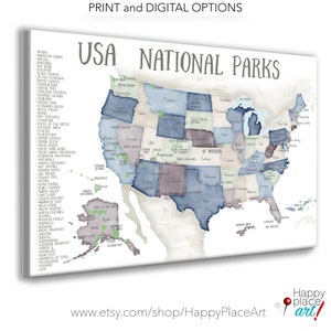 USA National Parks map for Push Pins, map with List of Park Poster, Travel Maps for Hiking Enthusiast Gift, National Park map on Pin Board