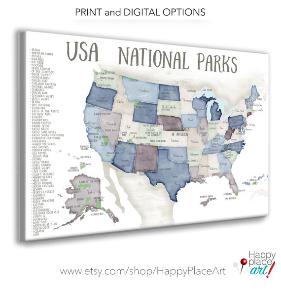 USA National Parks map for Push Pins, map with List of Park Poster, Travel Maps for Hiking Enthusiast Gift, National Park map on Pin Board