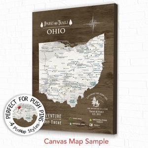 Ohio State Map Office Wall Art, Gift for Hiker, Active outdoor Adventures in Ohio, State Park List Optional Personalization Push Pin Map image 8