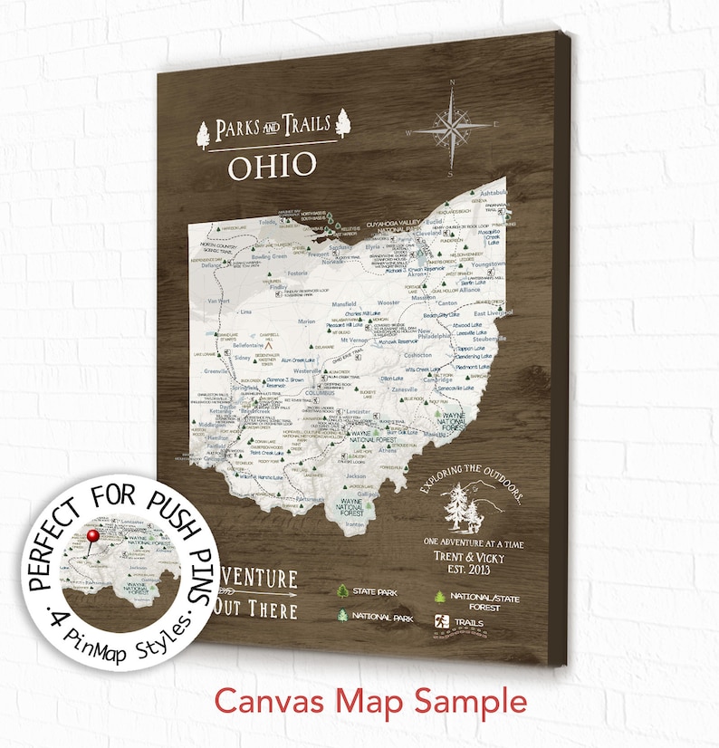 Ohio State Map Office Wall Art, Gift for Hiker, Active outdoor Adventures in Ohio, State Park List Optional Personalization Push Pin Map image 8