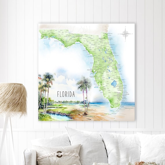 Push Pin Map of Florida Map FL State Map with Cities, Canvas Wall Art for Vacation Home, Ocean Color Deco,  Personalization FL Moving Gift