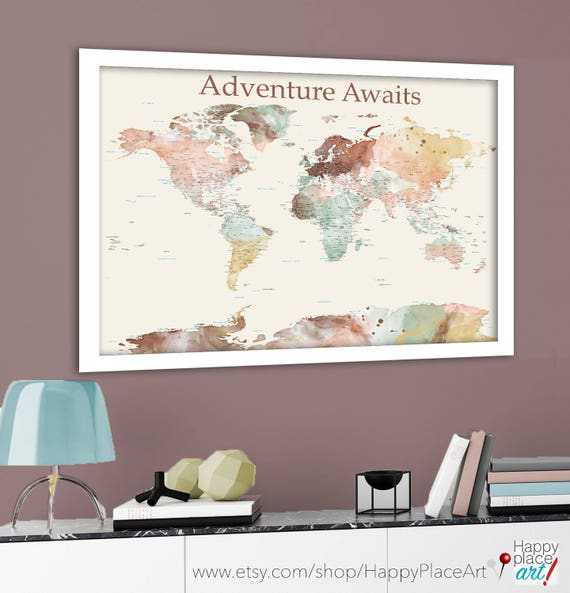 World Map with Detailed Labels, City, Country, USA States, Canadian, Marine Labels,  Push Pin World Map, Map Push Pin, Watercolor map Canvas