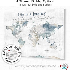 Life is a Journey Best Traveled Together, World Map for Adventure Push Pin Map Legend, Watercolor Map Print, Canvas, Anniversary Pin Map image 8