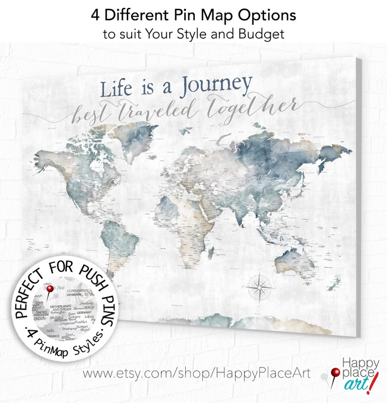 Life is a Journey Best Traveled Together, World Map for Adventure Push Pin Map Legend, Watercolor Map Print, Canvas, Anniversary Pin Map image 8
