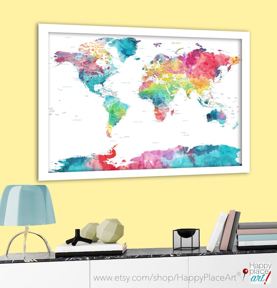 Pretty World Map, Pink and Blue, Large Colorful Wall Art,  Personalized World Map, Push Pin World Map, Large Canvas, Nursery Watercolor map