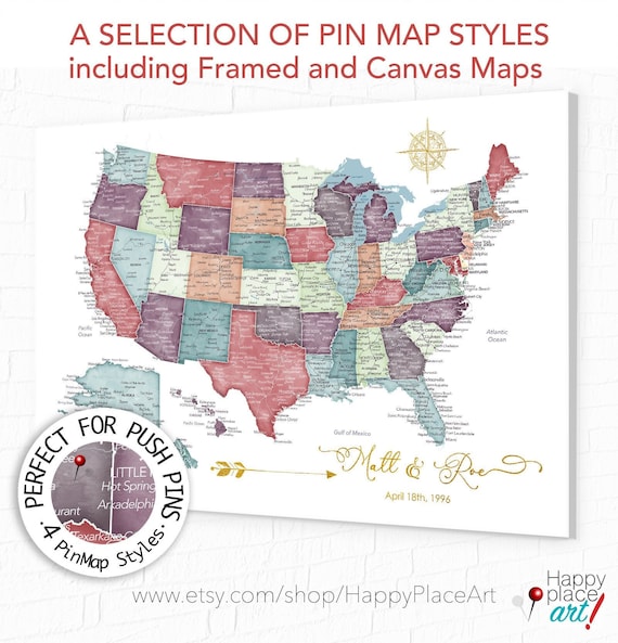 USA Travel Map for Push Pins, Detailed United States Map with Main Highways, Cities, Personalized Names, Frame, Poster. Canvas or Download