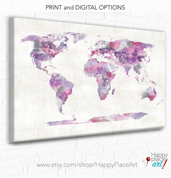 World Map Canvas, Pink and Purple Watercolor, World Map Poster, Teen Gift, Dorm Wall art, Children's Travel Map, World Pushpin map, Pink map
